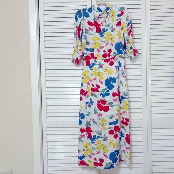 Rixo white Floral multicolored Mock Neck Cascade Ruffle Dress short sleeves sz 6 - Picture 12 of 16